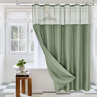 Green Waffle Shower Curtain Set with Snap-In Liner Hotel Spa Fabric