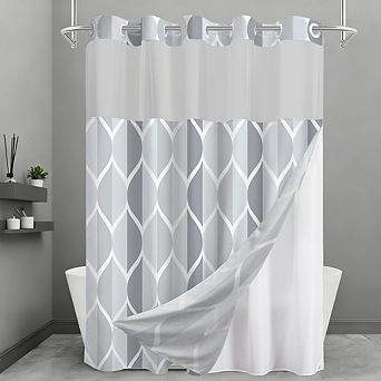 No Hook Geometric Shower Curtain with Snap-In Waterproof Liner & Mesh Window