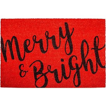 HomeRoots 17" X 29" Red and Black Coir Merry and Bright Outdoor Christmas Door Mat