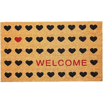 HomeRoots 17" X 29" Natural and Black Coir Heart Welcome Outdoor Valentine's Day Door Mat