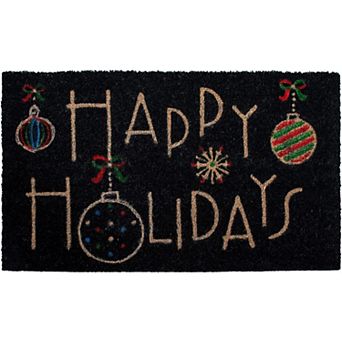 HomeRoots 24" X 36" Black and Natural Coir Happy Holidays Outdoor Christmas Door Mat