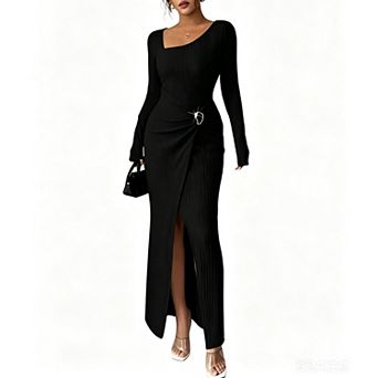 Women's Long Sleeve Maxi Bodycon Round Neck Dresses Elegant Formal Asymmetrical Weddding Guest
