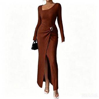 Women's Long Sleeve Maxi Bodycon Round Neck Dresses Elegant Formal Asymmetrical Weddding Guest