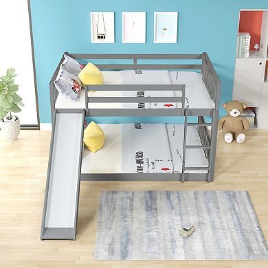 Pnronnc Full Size Bunk Bed Frame with Slide, Ladder, Guardrails, Wooden Frame for Kids Teens