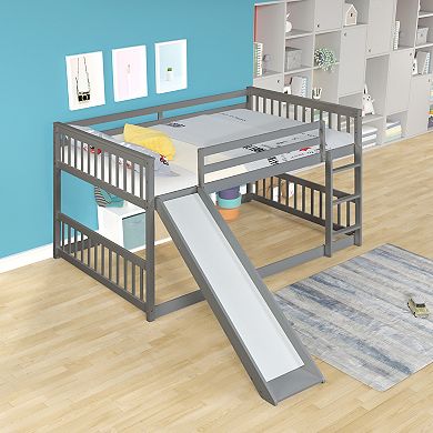 Pnronnc Full Size Bunk Bed Frame with Slide, Ladder, Guardrails, Wooden Frame for Kids Teens