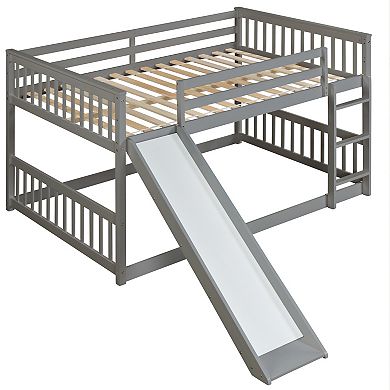 Pnronnc Full Size Bunk Bed Frame with Slide, Ladder, Guardrails, Wooden Frame for Kids Teens