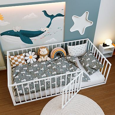 Pnronnc Metal Floor Bed Frame, Vertical Slat Guardrails, Low Height Kids Sleeping Frame