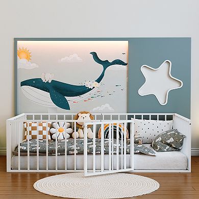 Pnronnc Metal Floor Bed Frame, Vertical Slat Guardrails, Low Height Kids Sleeping Frame