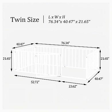 Pnronnc Metal Floor Bed Frame, Vertical Slat Guardrails, Low Height Kids Sleeping Frame