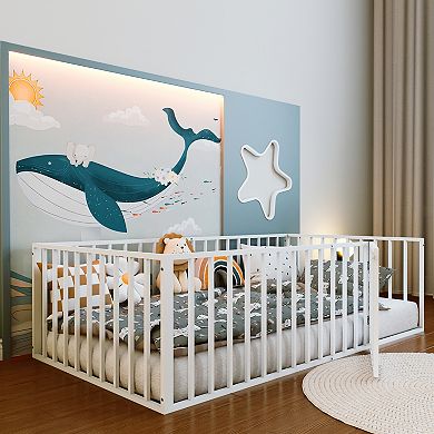 Pnronnc Metal Floor Bed Frame, Vertical Slat Guardrails, Low Height Kids Sleeping Frame