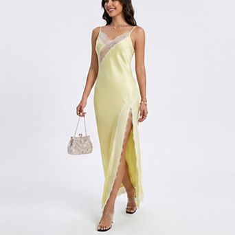 Women's Satin Lace Trim Tie Back Slip Maxi Dress