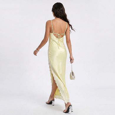Women's Satin Lace Trim Tie Back Slip Maxi Dress