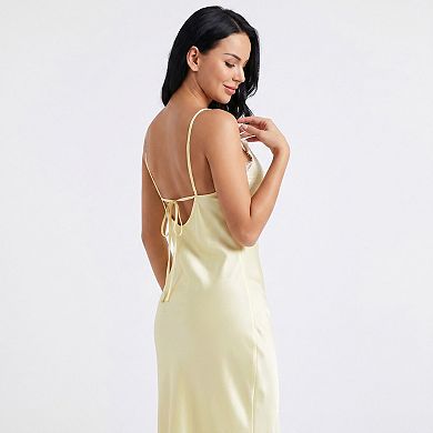 Women's Satin Lace Trim Tie Back Slip Maxi Dress