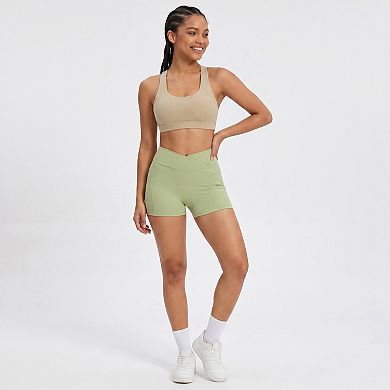 Women's High Waist Crossover Waistband Pocket Workout Biker Shorts