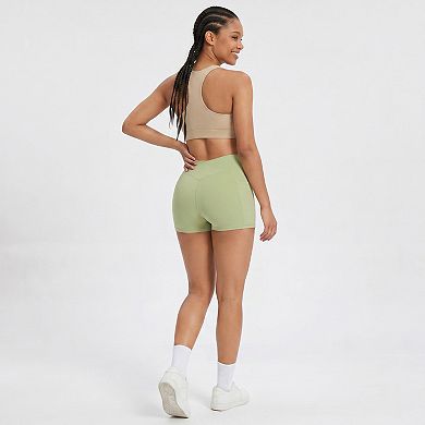 Women's High Waist Crossover Waistband Pocket Workout Biker Shorts