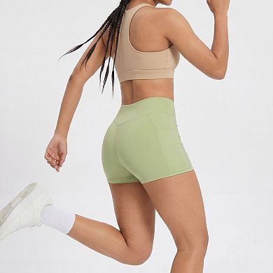 Women's High Waist Crossover Waistband Pocket Workout Biker Shorts