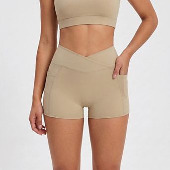 Women's High Waist Crossover Waistband Pocket Workout Biker Shorts