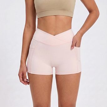 Women's High Waist Crossover Waistband Pocket Workout Biker Shorts