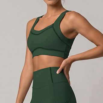 Women's Wide Strap Sports Bra Scoop Neck High Impact Supportive Workout Yoga Gym Crop Top