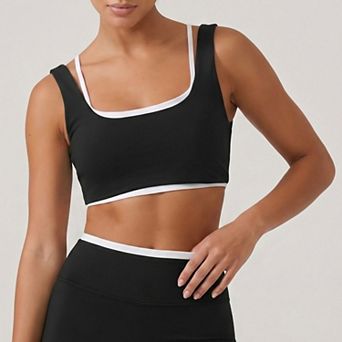 Women's Padded Contrast Trim Sports Bra Tank Top Square Neck Workout Yoga Crop Top