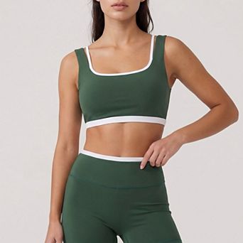 Women's Padded Contrast Trim Sports Bra Tank Top Square Neck Workout Yoga Crop Top