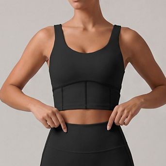 Women's Padded Sleeveless Longline Sports Bra Tank Top Scoop Neck Workout Yoga Crop Top
