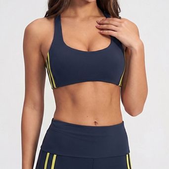 Women's Padded Side Stripe Sports Bra Tank Top Scoop Neck Workout Yoga Crop Top
