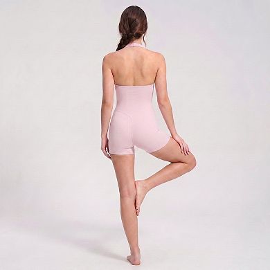 Women's Halter Neck Active Romper Sleeveless Open Back Workout Yoga One Piece Shorts Jumpsuit