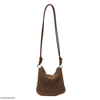 Women's Woven Net Shoulder Bag with Long Strap and Zipper Closure