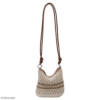 Women's Woven Net Shoulder Bag with Long Strap and Zipper Closure