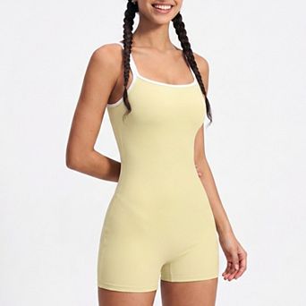 Women's Cami Strap Active Romper Square Neck Open Back Workout Yoga One Piece Shorts Jumpsuit