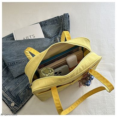 Women's Quilted Shoulder Tote Bag with Front Pocket and Zipper Closure