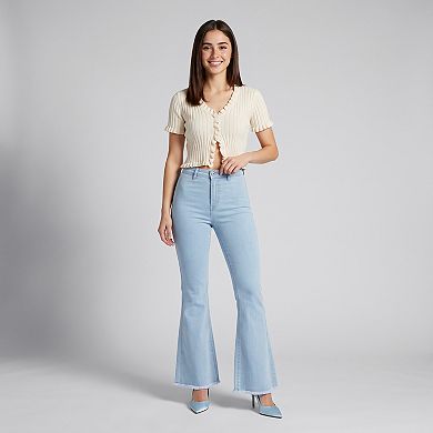 Women's High Rise Flare Pants Button Front Stretch Wide Leg Hem Pants