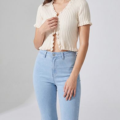 Women's High Rise Flare Pants Button Front Stretch Wide Leg Hem Pants