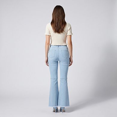 Women's High Rise Flare Pants Button Front Stretch Wide Leg Hem Pants