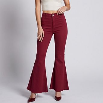 Women's High Rise Flare Pants Button Front Stretch Wide Leg Hem Pants