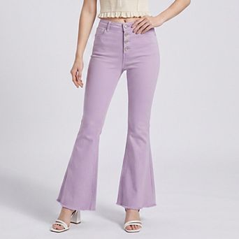Women's High Rise Flare Pants Button Front Stretch Wide Leg Hem Pants