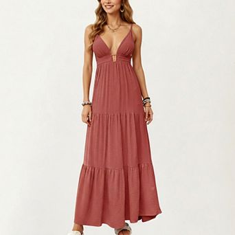 Women's Sleeveless Tiered Maxi Dress V-Neck Cutout Empire Waist Flowy A-Line Sundress