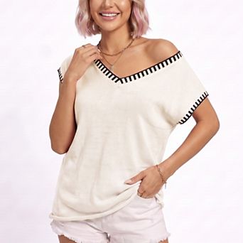 Women's V Neck Sweater Top Contrast Trim Dolman Short Sleeve Knit