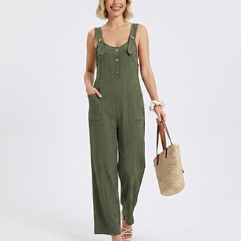 Women's Button Front Jumpsuit Sleeveless Wide Leg Utility Pocket Outfit
