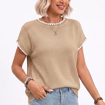 Women's Short Sleeve Sweater Top Scallop Trim Crew Neck Knit Blouse