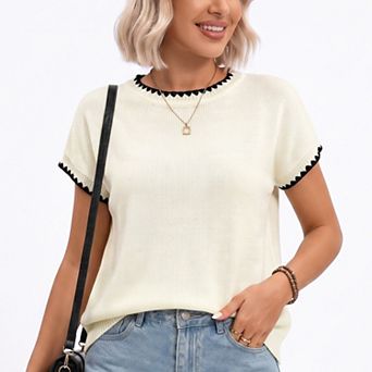 Women's Short Sleeve Sweater Top Scallop Trim Crew Neck Knit Blouse