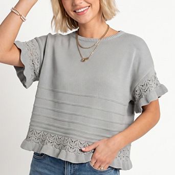 Women's Short Sleeve Sweater Top Lace Ruffle Hem Textured Knit Blouse