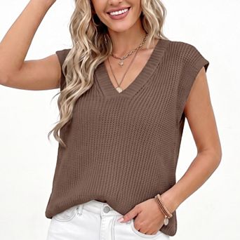 Women's V Neck Sweater Vest Sleeveless Textured Knit Pullover Top