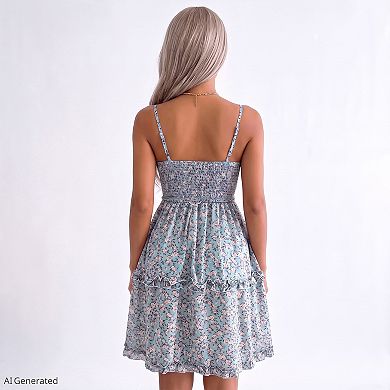 Women's Floral Tie Front Cutout Smocked Ruffle Tiered Dress