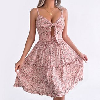 Women's Floral Tie Front Cutout Smocked Ruffle Tiered Dress