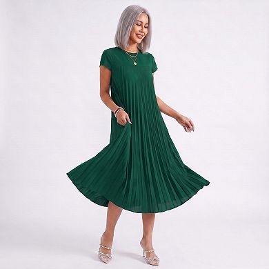 Women's Crew Neck Short Sleeve Accordion Pleated Midi Dress