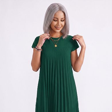 Women's Crew Neck Short Sleeve Accordion Pleated Midi Dress