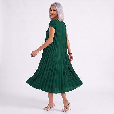Women's Crew Neck Short Sleeve Accordion Pleated Midi Dress