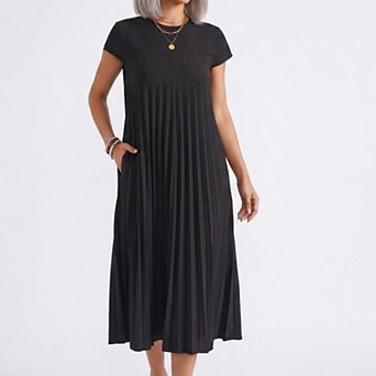 Women's Crew Neck Short Sleeve Accordion Pleated Midi Dress